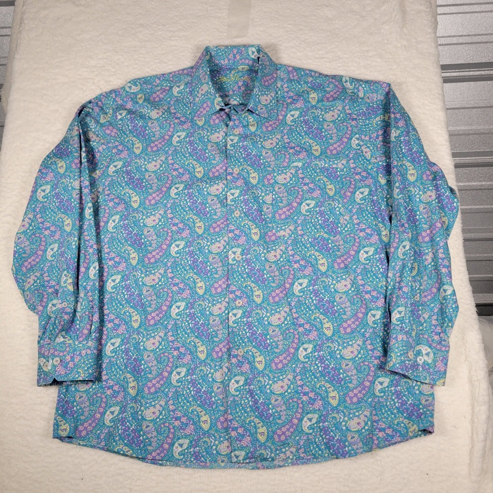 Alan Flusser Button Down Mens XL Purple Paisley Long Sleeve Cotton Shirt